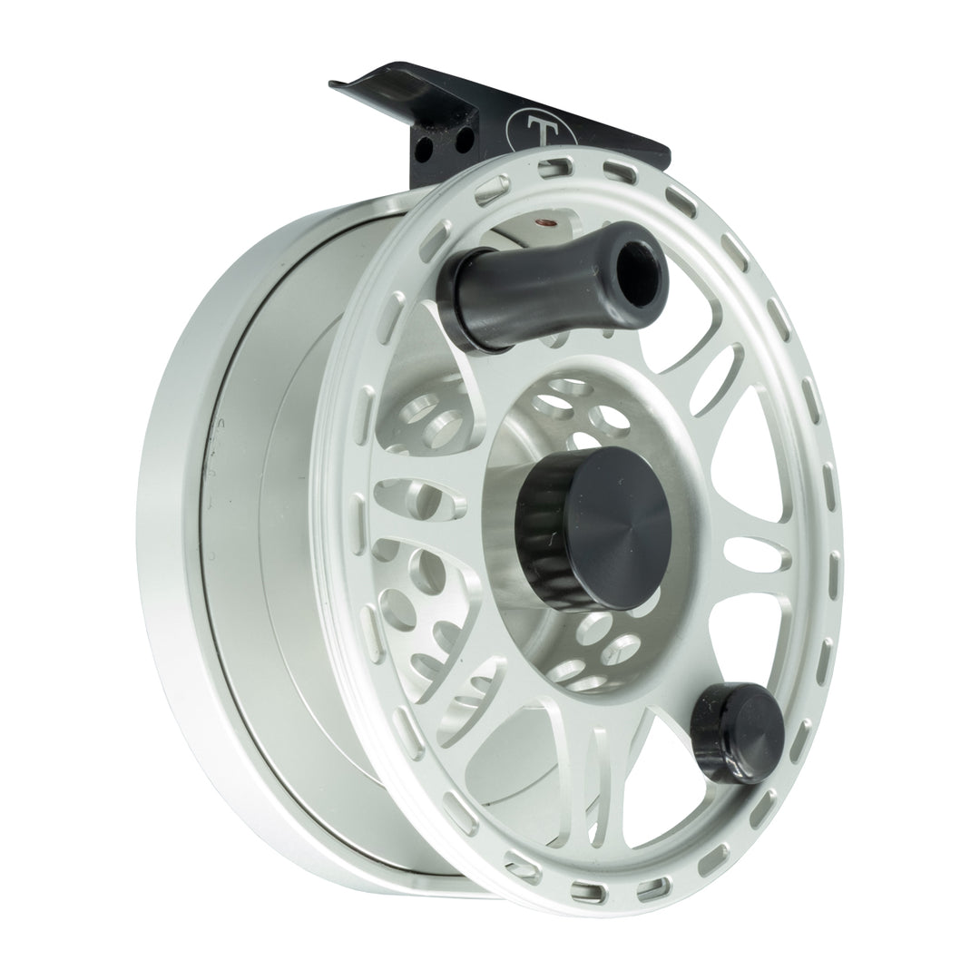 Tibor Riptide Reel Custom Frost Silver Frame, Black Drag Knob, Reel Foot and Nameplate