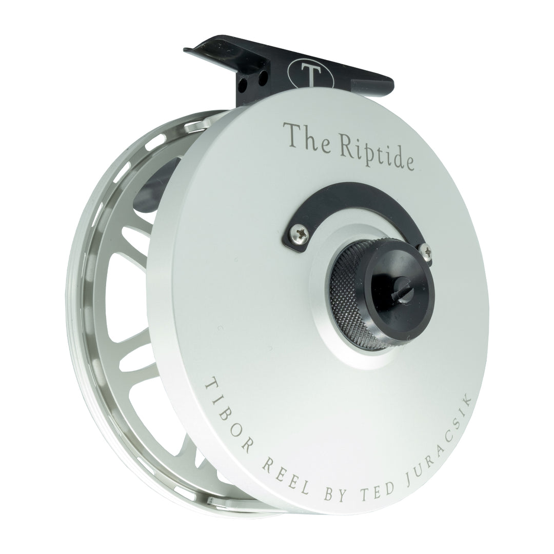 Tibor Riptide Reel Custom Frost Silver Frame, Black Drag Knob, Reel Foot and Nameplate