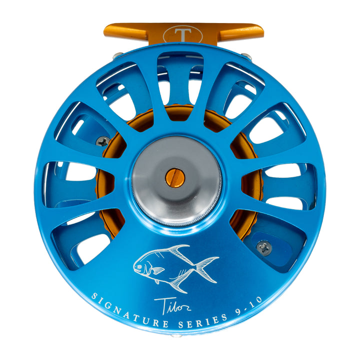 Tibor Signature Seris Reel 9-10 Custom Aqua Frame, Orange Hub, Graphite Drag Knob, Orange Reel Foot and Stop Nut, Permit Engraving