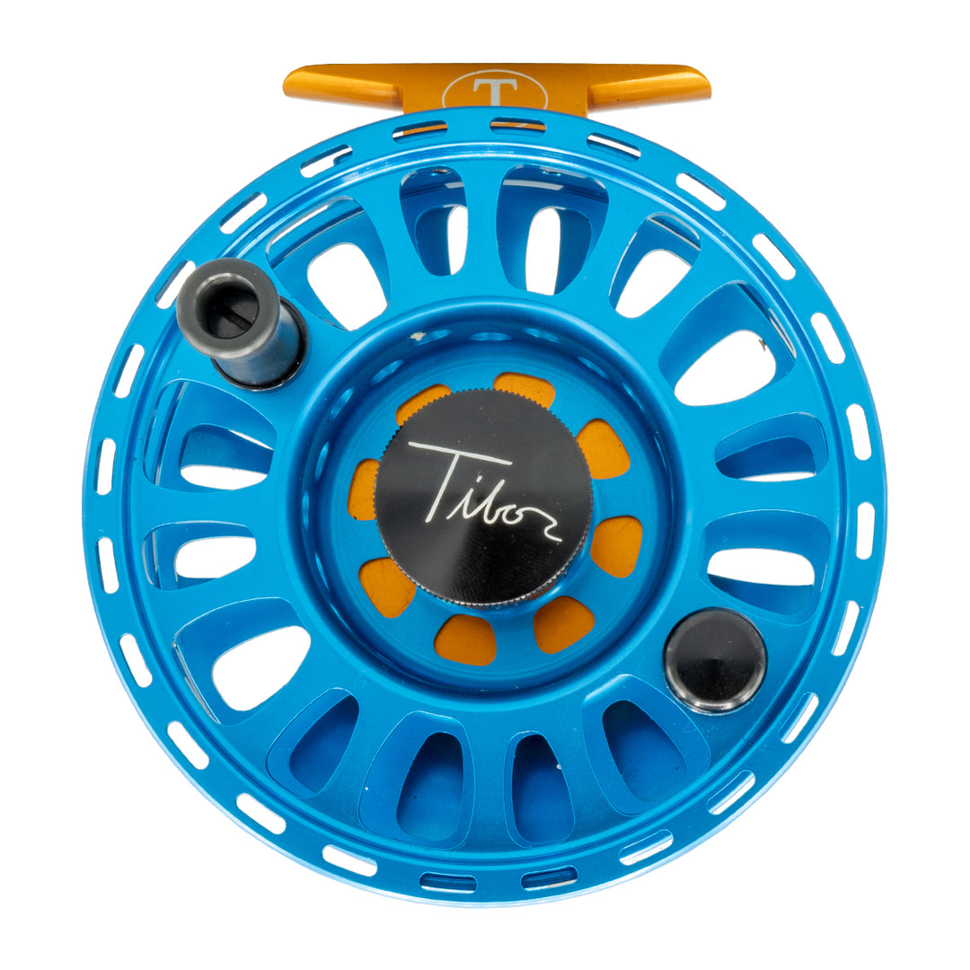 Tibor Signature Seris Reel 9-10 Custom Aqua Frame, Orange Hub, Graphite Drag Knob, Orange Reel Foot and Stop Nut, Permit Engraving