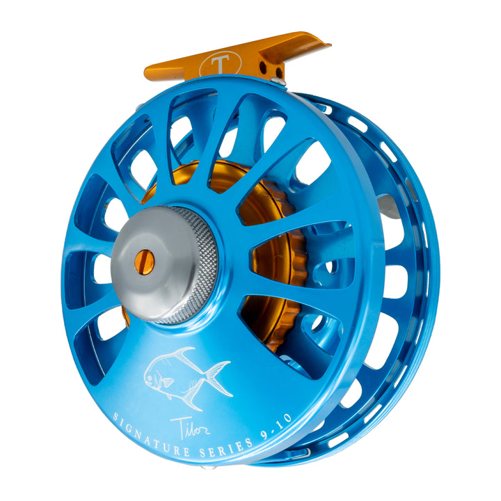 Tibor Signature Seris Reel 9-10 Custom Aqua Frame, Orange Hub, Graphite Drag Knob, Orange Reel Foot and Stop Nut, Permit Engraving