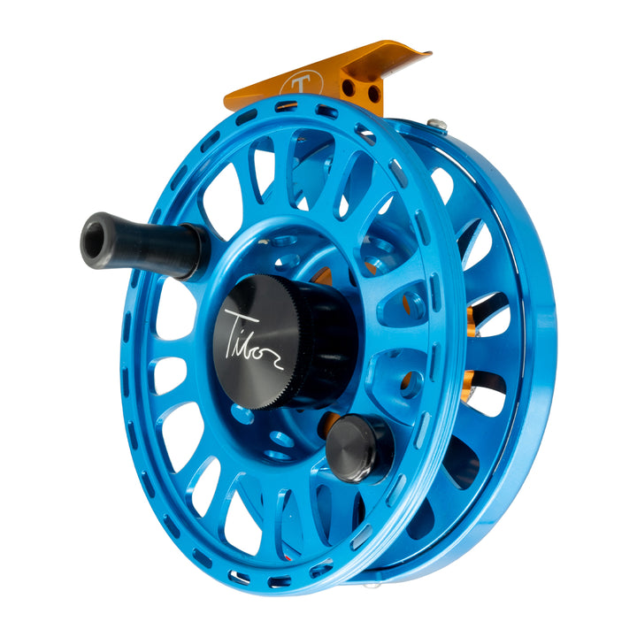 Tibor Signature Seris Reel 9-10 Custom Aqua Frame, Orange Hub, Graphite Drag Knob, Orange Reel Foot and Stop Nut, Permit Engraving