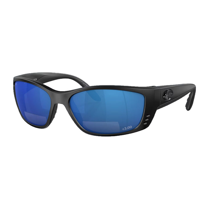 Costa Fisch Sunglasses Matte Black Gray Blue Mirror 580P C-Mate +2.00