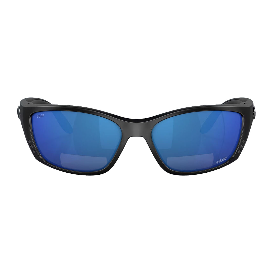 Costa Fisch Sunglasses Matte Black Gray Blue Mirror 580P C-Mate +2.00