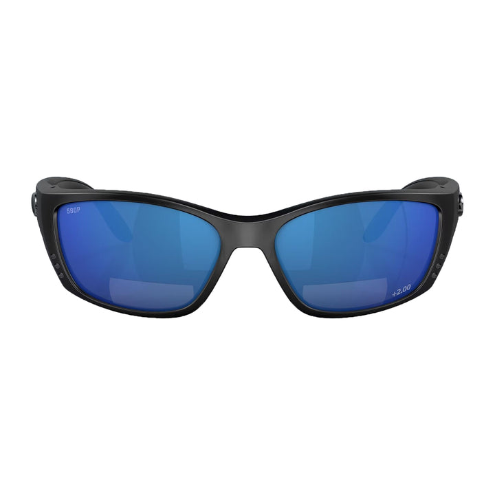 Costa Fisch Sunglasses Matte Black Gray Blue Mirror 580P C-Mate +2.00